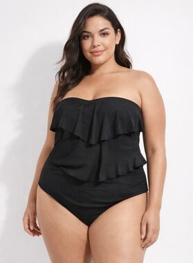 Jantzen Black Ruffle One Piece Swimsuit Size 16 Strapless Tummy Control